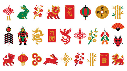 Fototapeta premium Chinese New Year traditional symbols set featuring festive dragon rabbit lantern and lucky coins.