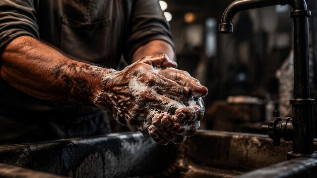 A craftsman washing his dirty hands in a rustic sink after a hard day of work.