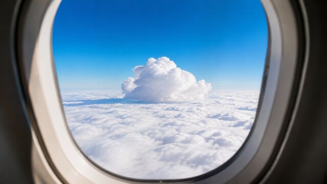 View of white clouds in shape outside an airplane window against a blue sky.