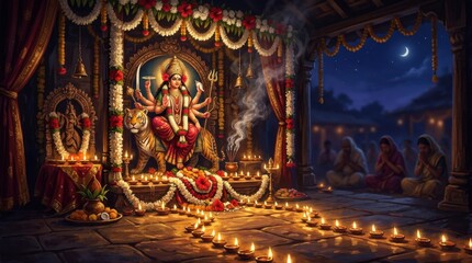 Fototapeta premium Beautiful idol of Goddess Durga illuminated by many lamps during Durga Puja