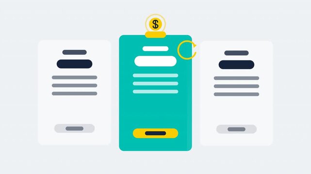 Flat design subscription payment animation with three pricing plan cards, highlighted pro plan with badge, button press, popping coin, pulse ring and rotating recurring cycle arrow, 4K motion graphics