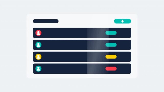 Flat design user management animation with admin panel, user rows sliding in with avatars and status pills, add user button press and new row insertion with list shift, 4K motion graphics.