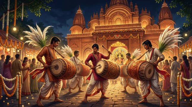 Musicians performing dhak drums in front of an illuminated Durga Puja