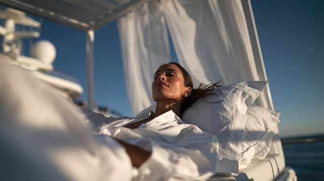 Woman Relaxing on Luxury Yacht Sunbed During Cruise