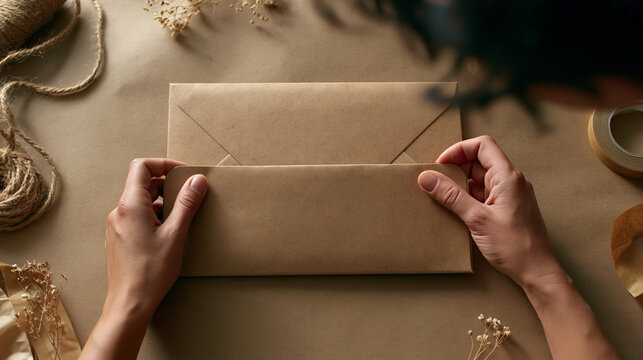 Hands Folding Brown Kraft Paper Envelope on Table