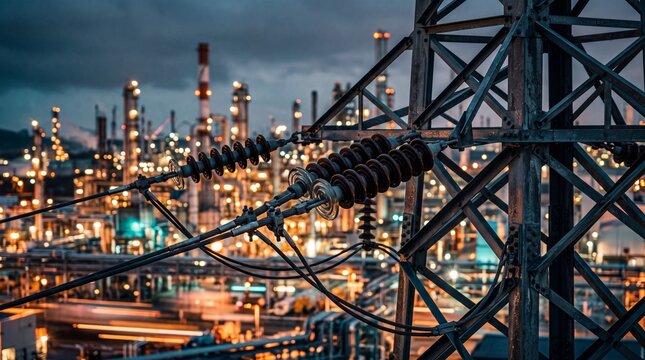 High Voltage Power Transmission Tower at Industrial Refinery