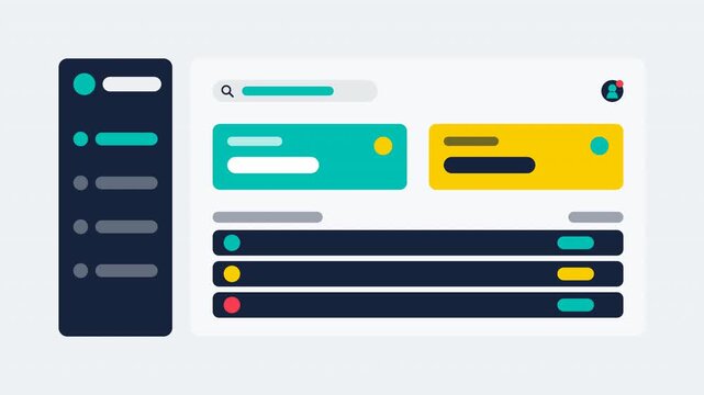 Flat design admin panel animation with navy sidebar navigation, search header with avatar badge, stat tiles and user table rows sliding in, 4K motion graphics.