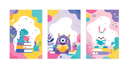 Fototapeta premium Cute cartoon characters reading books on stacks of colorful literature
