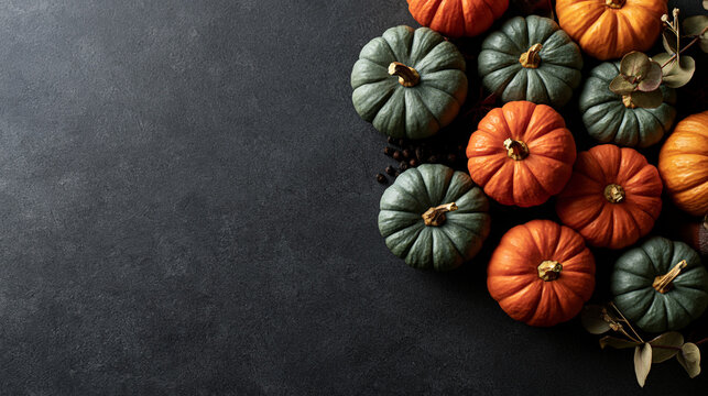 Autumn Pumpkins on Dark Background with Copy Space