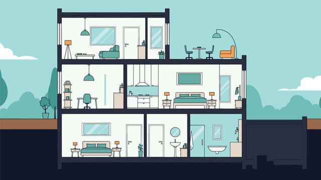 Detailed three story house cross section vector diagram showing stylish cozy rooms and home furniture.