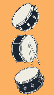 Collection of snare drums in different angles and positions, including drumsticks. Vector illustration for music, percussion, band, concert and recording studio designs.