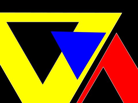 Abstract geometric composition featuring overlapping triangles in primary yellow, blue, red, and black with sharp angular lines
