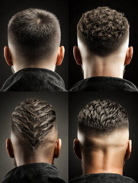 Four modern men haircuts styles set from back view featuring trendy fade details textured crop buzz cut stylish curly textures and sharp shaved neck line patterns on a dark studio backdrop