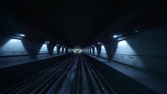 Front train POV glides forward through a dark subway tunnel, passing glass platform doors of a modern underground station before entering a dark section
