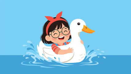 Fototapeta premium Happy little girl wearing glasses and a red bow headband smiles while riding on a giant white duck swimming in the bright blue water.