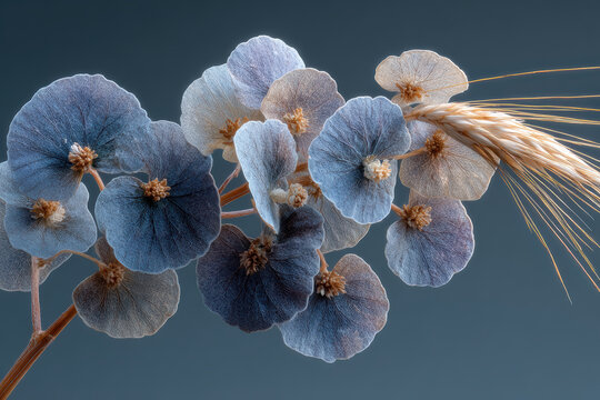 Artistic floral composition featuring dried blooms with soft gray and cream colors on dark background. Perfect for greeting cards, wall art, product packaging, and refined graphic design projects.