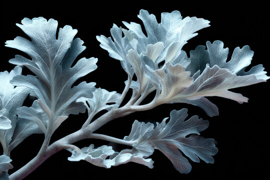 Artistic botanical shot of a pale dusty miller with delicate feathery leaves. Useful for advertising banners, book covers, presentations, and premium product marketing.