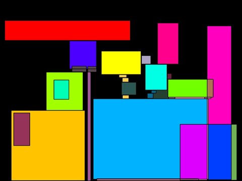 Abstract geometric composition featuring a colorful arrangement of overlapping rectangles and squares in vibrant neon hues against a black background