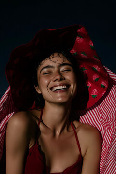 The scene shows a happy woman styling a graphic red sun hat for. It is ideal for fashion editorials, beauty campaigns, and social media.