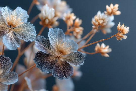 Delicate dried flowers with translucent petals in soft beige and blue tones on dark background. Perfect for botanical art prints, wedding invitations, greeting cards, and elegant wall decor.
