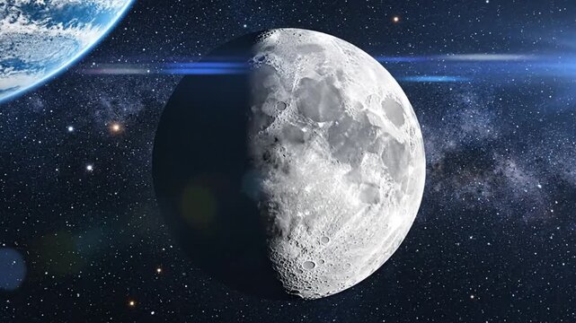 Epic view of the moon with space environment and Earth planet during nighttime in deep universe