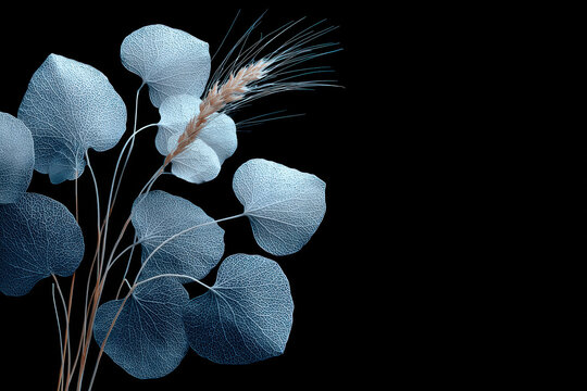 Blue translucent leaves and delicate dried stems form an airy botanical arrangement on black. Ideal for luxury branding, posters, websites, and elegant editorial layouts.