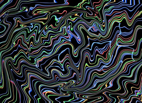 Abstract psychedelic wavy line pattern with vibrant neon multicolor strokes flowing on a black background