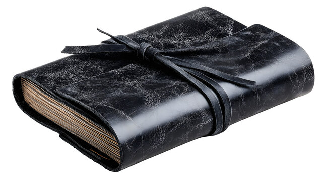 Black leather journal with ribbon tied around it