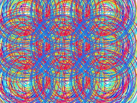 Abstract chaotic scribble pattern with overlapping colorful circles and tangled lines in vibrant neon red, blue, yellow, and cyan