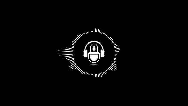 White microphone headphone icon centered in circular audio spectrum equalizer animation loop on black background