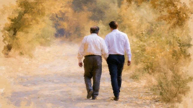 Two men walk side by side in an autumn park. Surrounding trees show warm colors. The scene captures a connection between father and son.