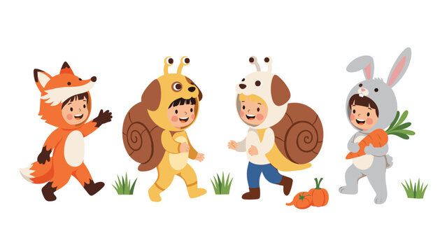 Group of four adorable children wearing animal and snail costumes marching together in a line on a white background.