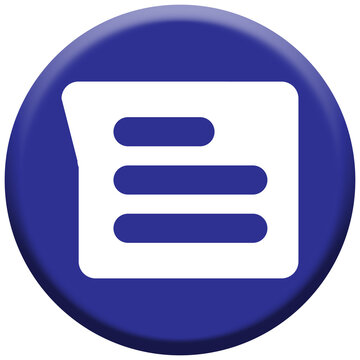 Blue circular button with white speech bubble or document icon, vector chat and text symbol graphic element isolated on white background

