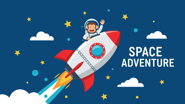 Adventurous cartoon monkey astronaut riding on a space rocket blasting off into space among stars and clouds.