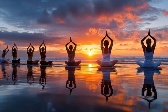 Group of people practicing yoga at sunset on a beach with reflection in the water