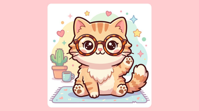 Cute ginger cat wearing glasses waving its paw vector illustration