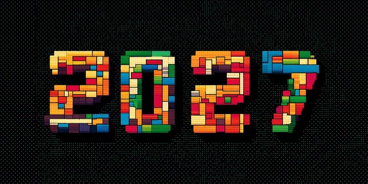 Pixelated LED numbers display new year 2027 in vivid colors