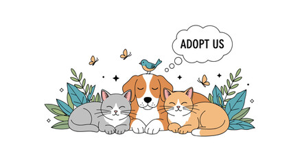 Fototapeta premium Adorable domestic pets including dog, two cats, and a little bird sitting together peacefully under adopt us thought bubble.