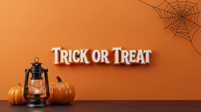 Trick or treat text sign with pumpkins and a vintage lantern on a dark wooden table against an orange wall background for halloween celebration