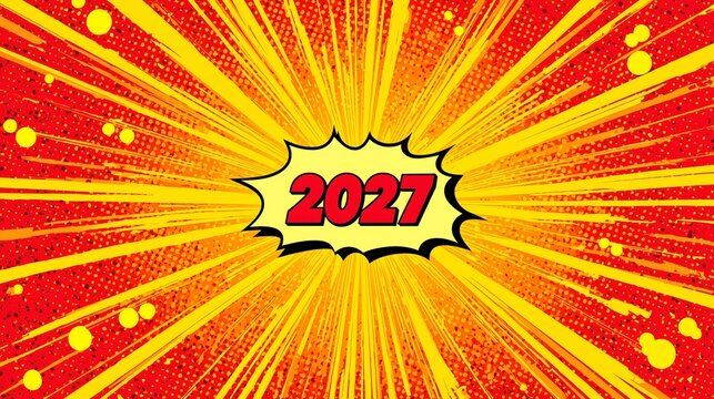 Retro comic starburst radiates around bold new year 2027 text