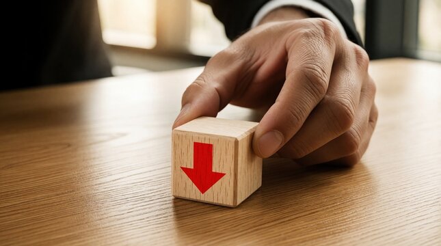Man in suit places wooden cube with red downward arrow on table. Symbolizes cost reduction, economic downturn, or financial planning. Represents budget changes and market risks.