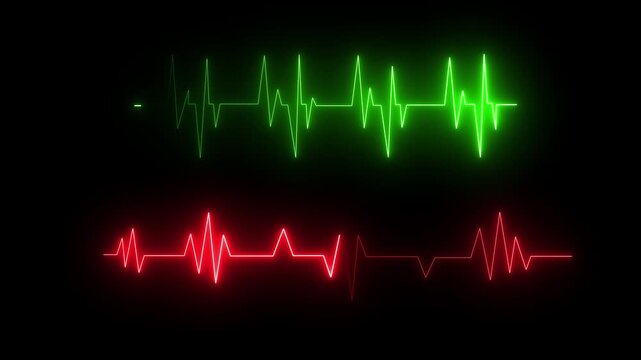 ECG monitor beating heart with a neon electrocardiogram overlay, featuring dynamic HUD elements. Heartbeat monitor, ECG monitor, Heart beating and pumping, on black background. 4k video
