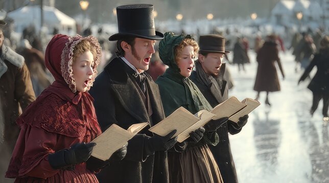 Family in period-style winter clothing caroling in the foreground, with people ice skating on a frozen pond decorated with string lights and lanterns in the background.