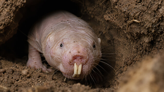 Close Up of a Naked Mole Rat Peering from a Burrow