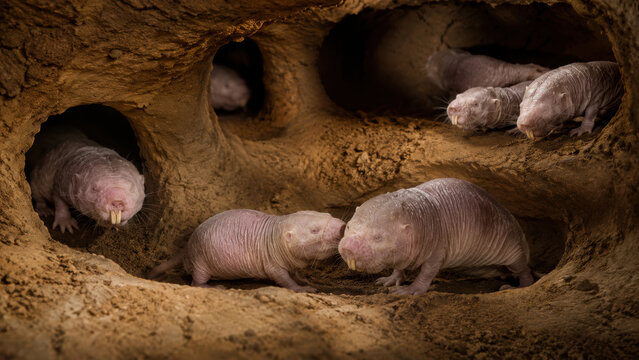 Naked Mole Rats Resting Together in an Underground Burrow