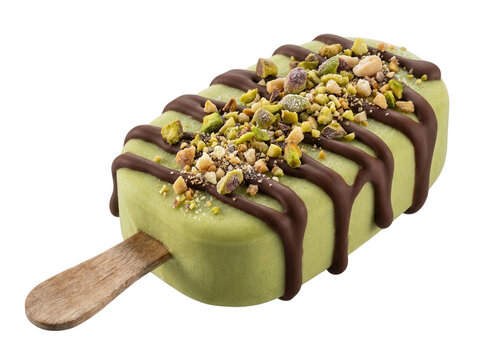 Pistachio ice cream bar with chocolate and nuts isolated on a transparent background