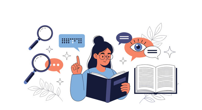 Young girl with glasses reading book and using magnifying glass to find answers and study science.
