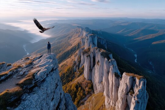 Hiker on cliff edge watching eagle soar over mountain valley