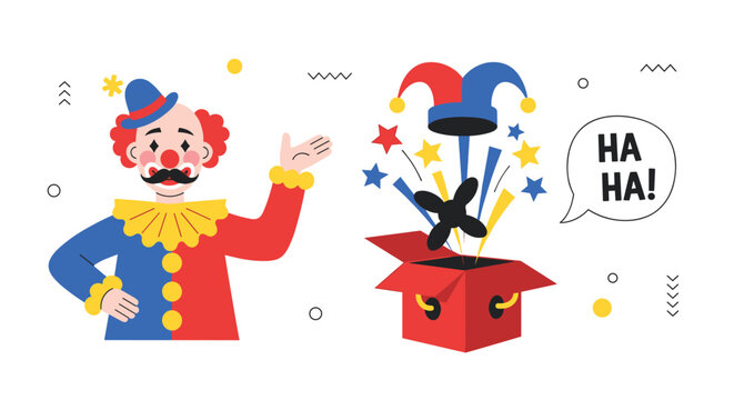 Cheerful circus clown standing next to open red box with toy pop up to represent April Fools Day humor.