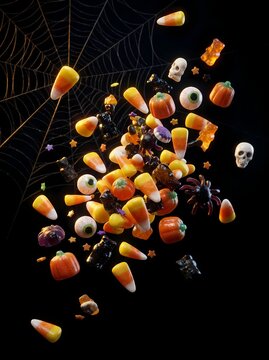 Flying Halloween Candy Mix with Candy Corn, Skulls, Eyeballs, and Spider Web on Dark Background